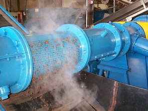 A blue machine with steam coming out of it.